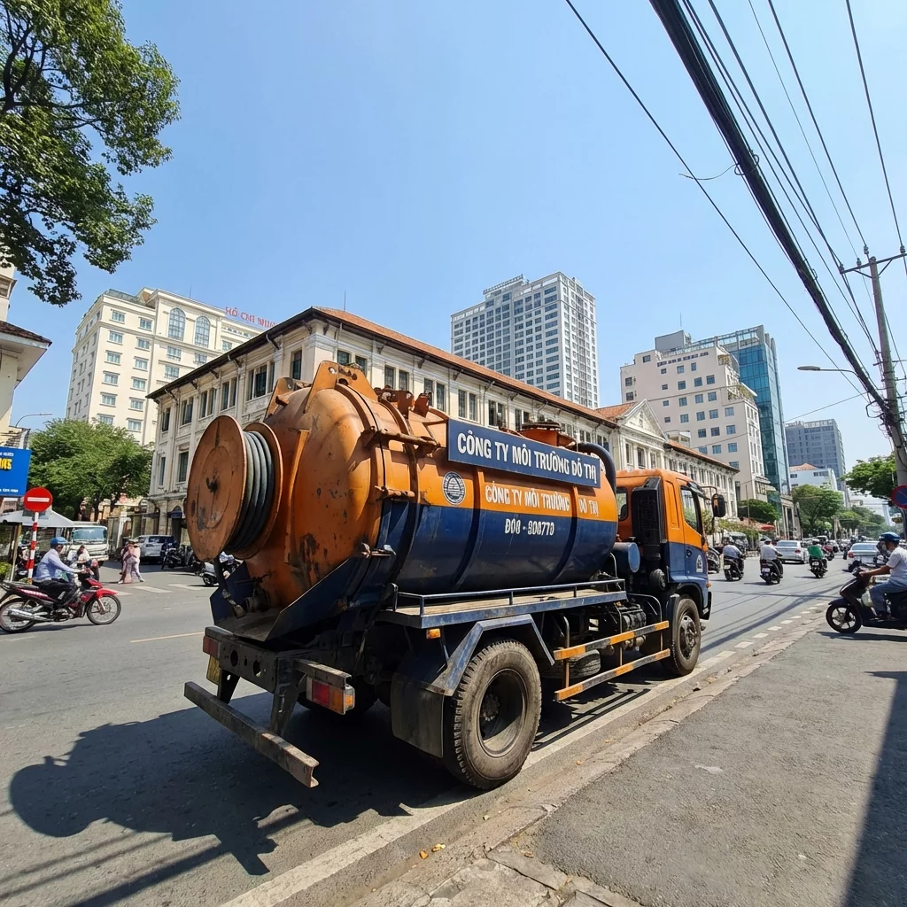 Xe hút hầm cầu của Công ty Môi trường Đô thị đang thực hiện công tác vệ sinh môi trường trên đường phố.
