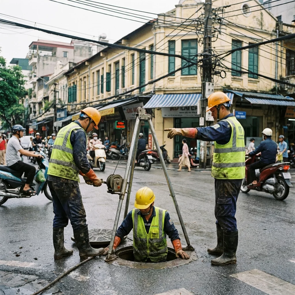 Các công nhân đang thực hiện công tác rút hầm cầu, thông cống và vệ sinh hệ thống thoát nước trên đường phố.